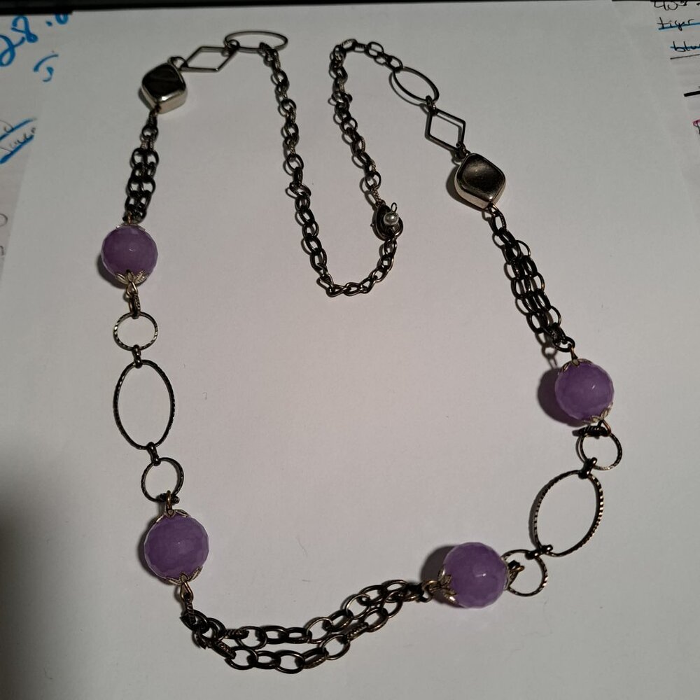 Silver tone necklace with light purple large beads